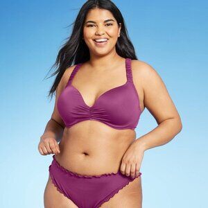 Shade & Shore Women's Lightly Lined Cinch Ruffle Strap Bikini Top Purple 34C